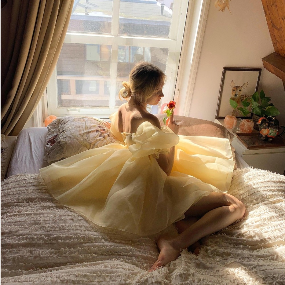 Selkie Pale Yellow Puff Sleeve Mini Dress